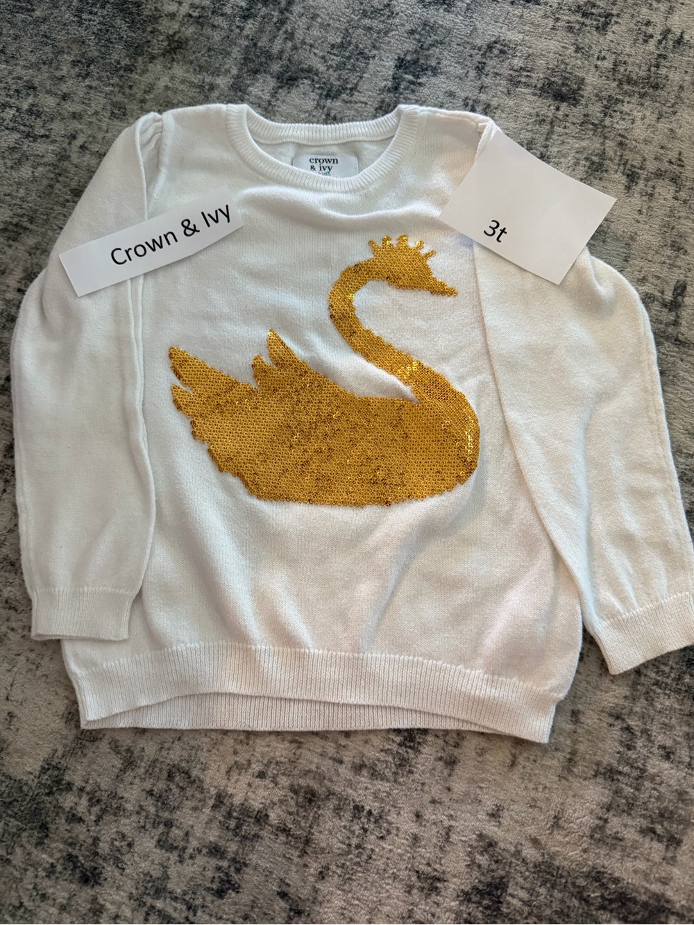 crown & ivy White Sweater with Gold Sequin Swan
